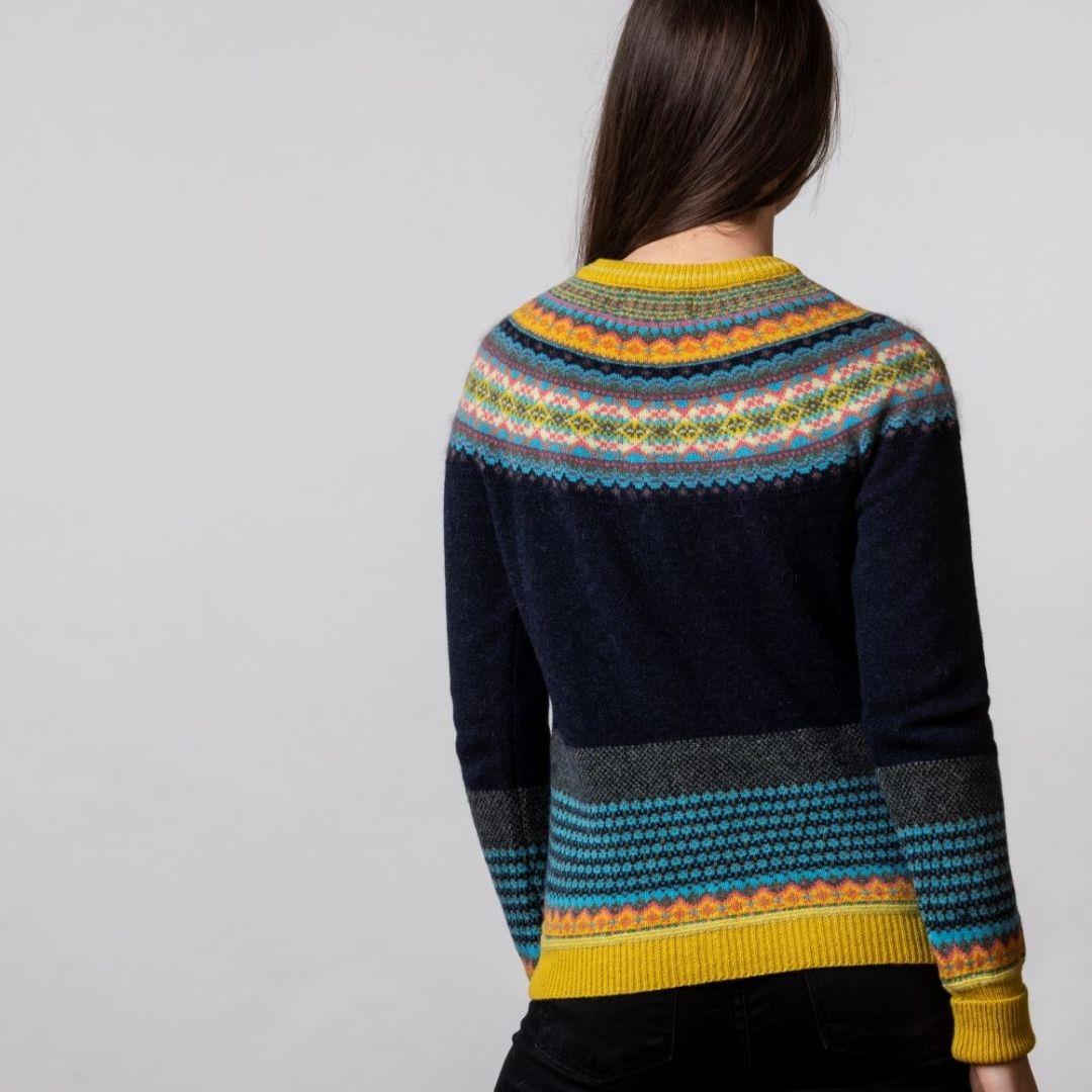 Back detail of the jade fairisle sweater, showing the pattern wrapped around the collar.