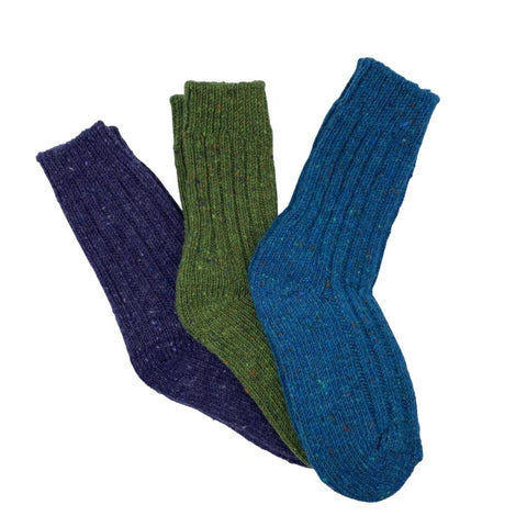 Funky, chunky 100% wool socks in purple, green and blue