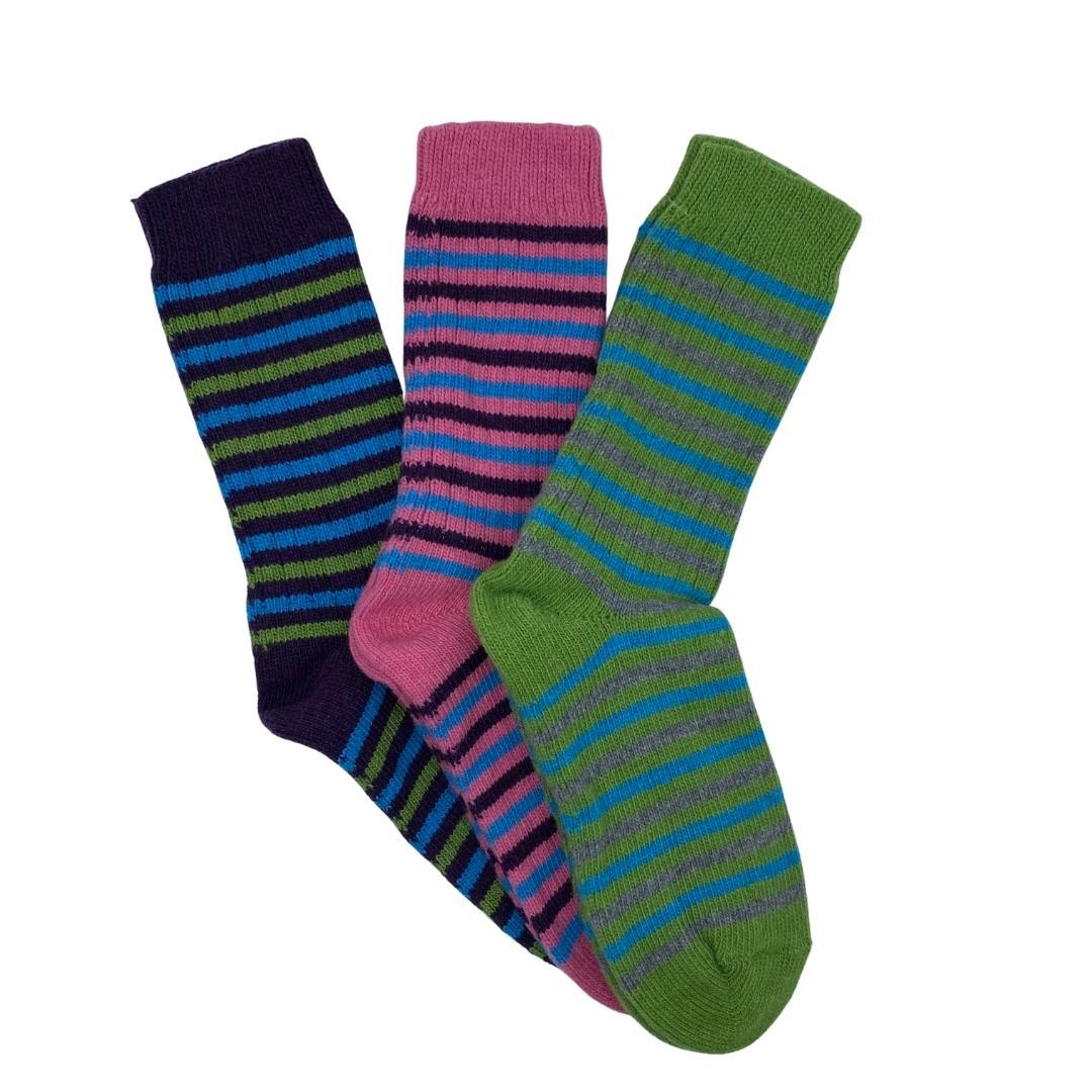 Colourful striped socks in three colourways.
