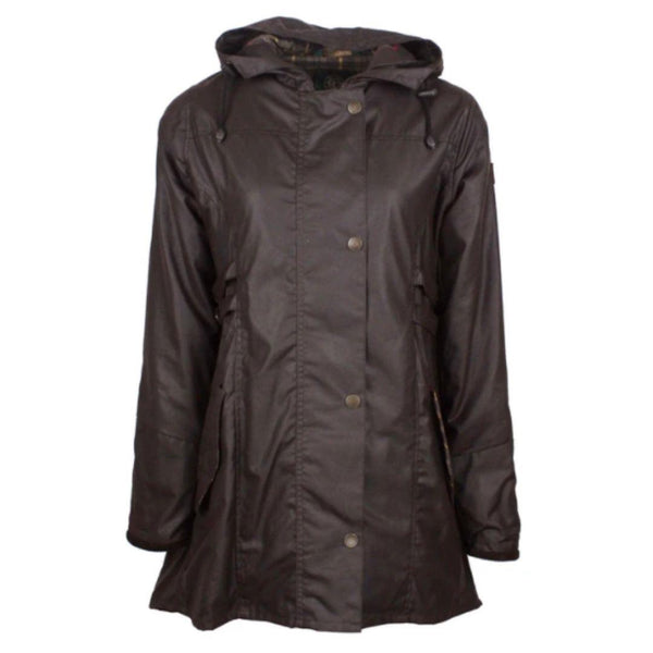 Ladies hooded Katrina jacket in brown waxed cotton with plaid lining.