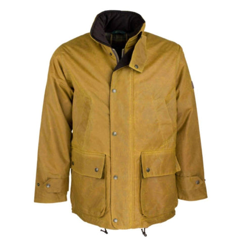 Antique gold waxed men's jacket with double pockets and drawstring bottom.