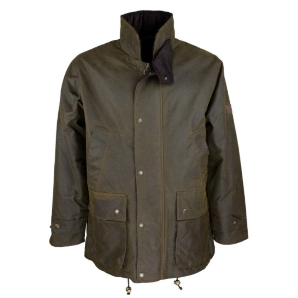 Dark brown waxed men's jacket with double pockets and drawstring bottom.