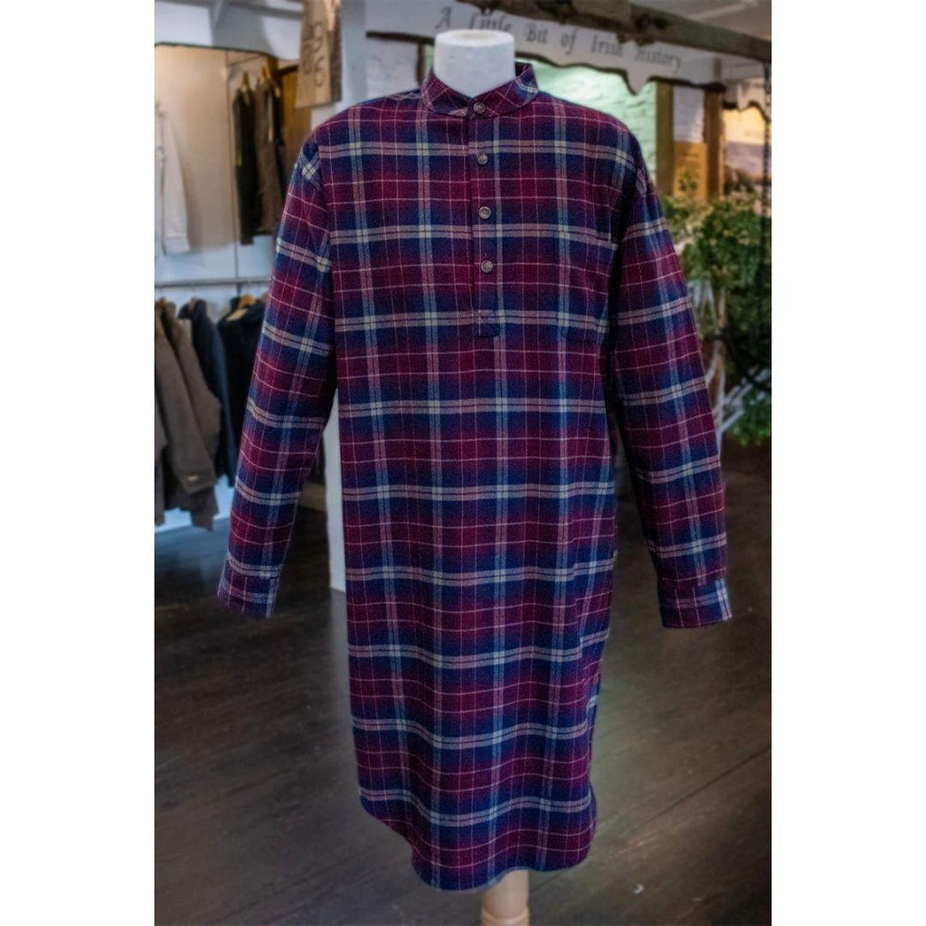 a blue and maroon long nightshirt on a mannequin